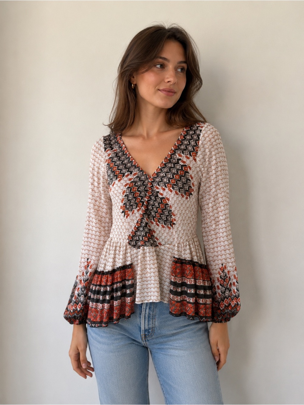 Free People Peplum V-Neck Blouse in Cream, Rust & Black